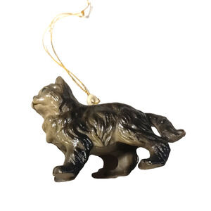 Vintage Plastic Cat Christmas Ornament Black Gray Blue Eyes